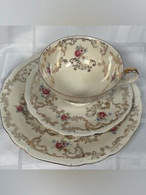 Vintage Bavaria Teacup, saucer with dessert plate. Cream Floral Gold-Trim